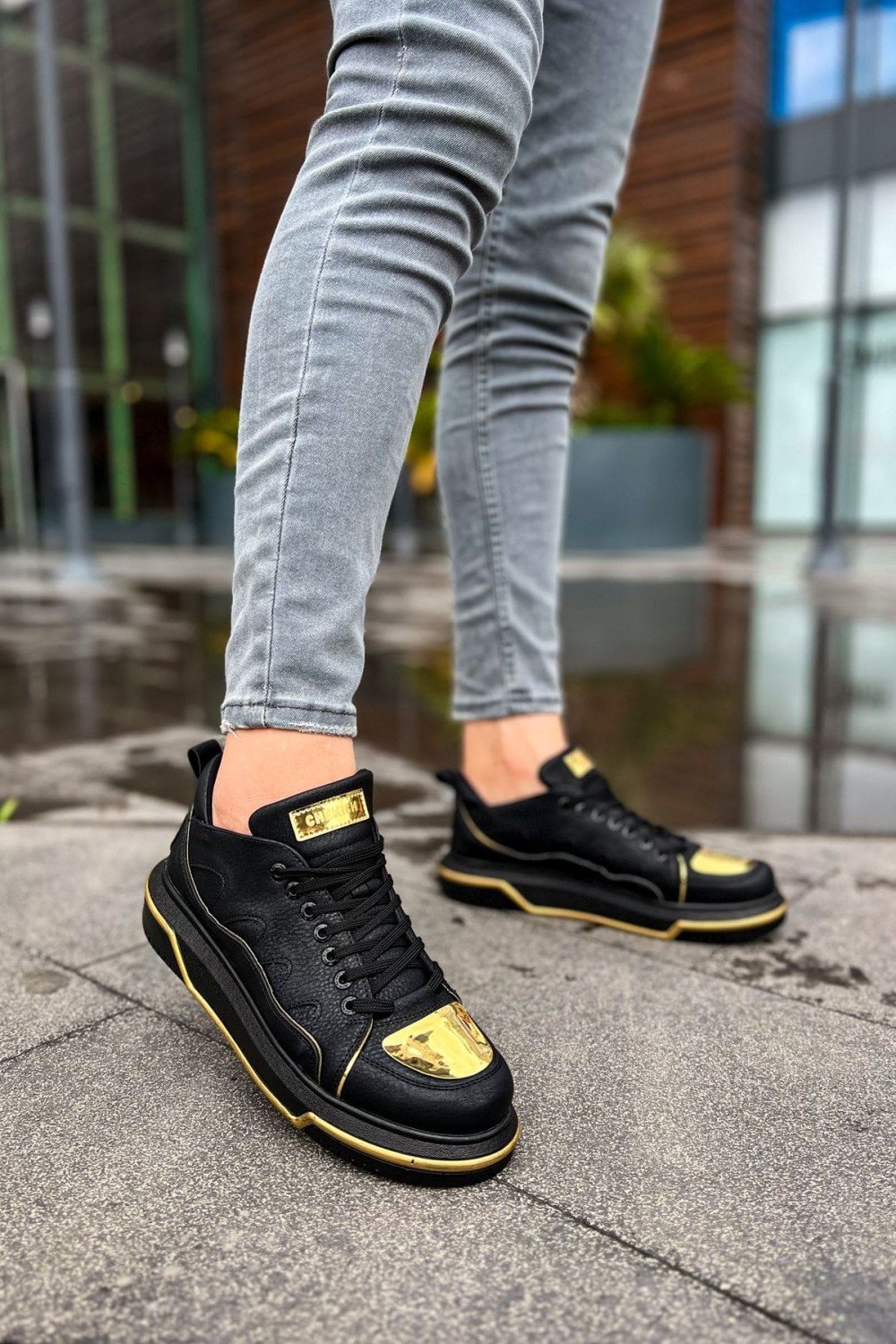 CH183 Jet Setter Mirror Erkek Günlük Bağcıklı Cilt Spor Sneaker Ayakkabı CST Siyah/Gold