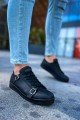 CH191 Side Buckle Erkek Günlük Bağcıklı Cilt Spor Sneaker Ayakkabı CST Siyah