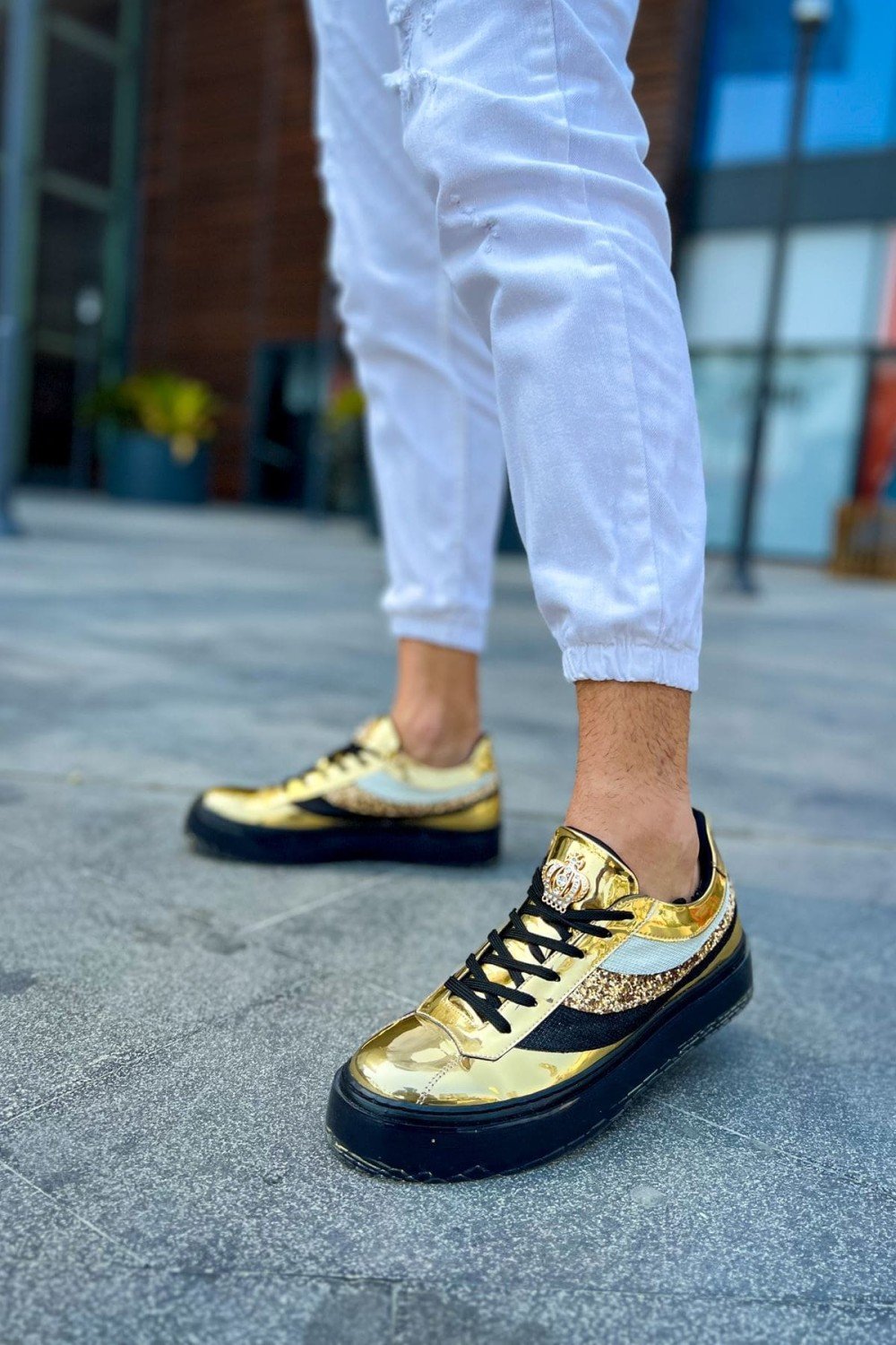 CH975 Majesty Erkek Günlük Bağcıklı Rugan Spor Sneaker Ayakkabı RST Gold