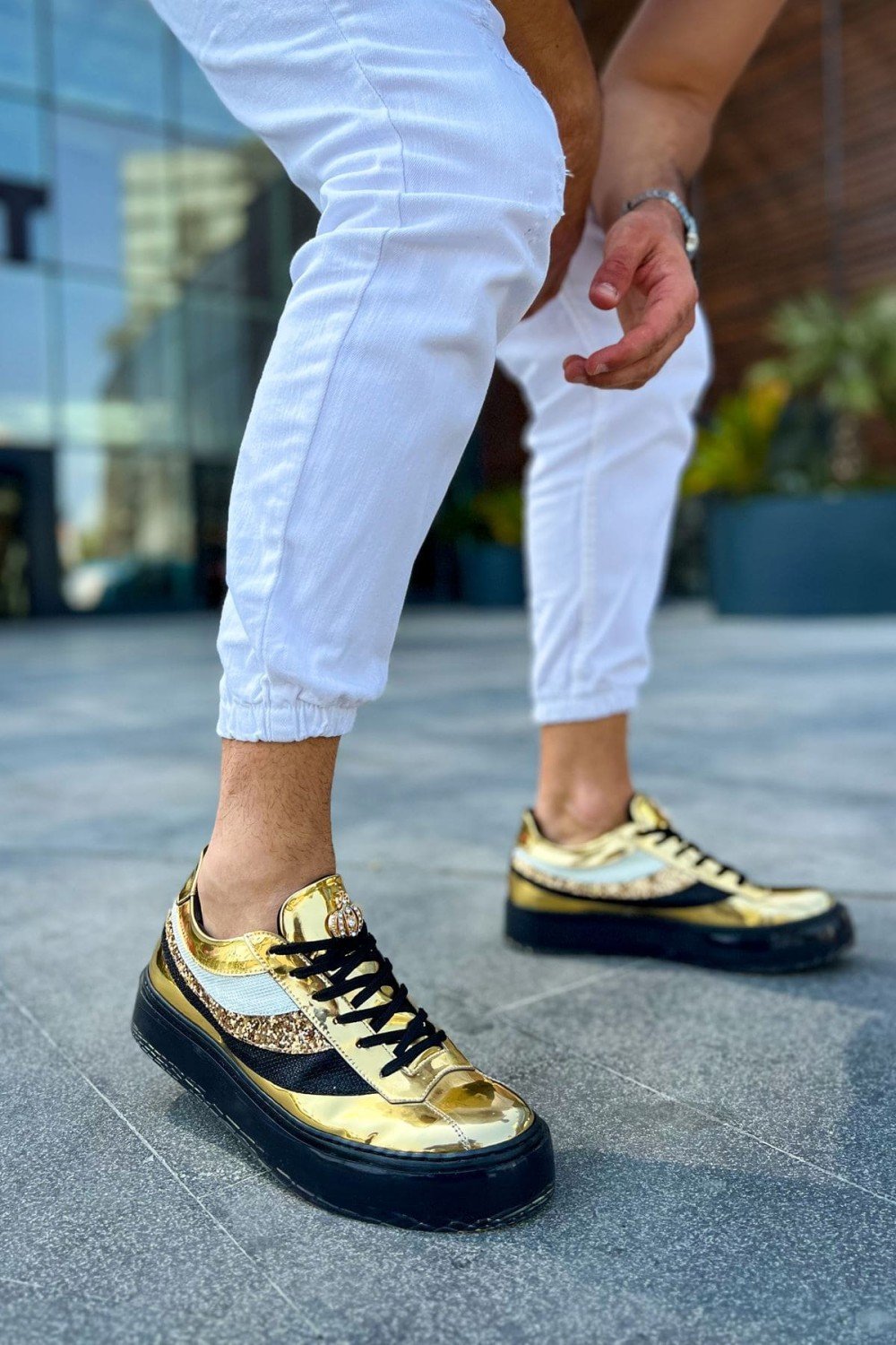 CH975 Majesty Erkek Günlük Bağcıklı Rugan Spor Sneaker Ayakkabı RST Gold