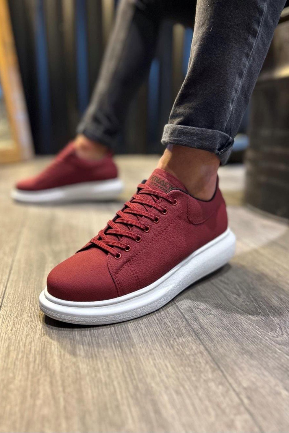 KN045 Erkek Günlük Bağcıklı Cilt Spor Sneaker Ayakkabı CBT Bordo