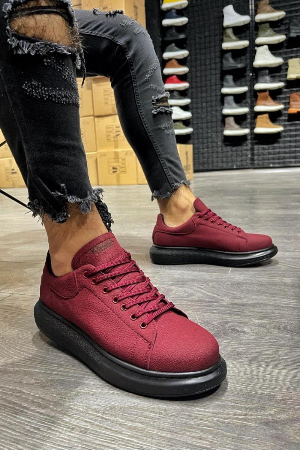 KN045 Erkek Günlük Bağcıklı Cilt Spor Sneaker Ayakkabı CST Bordo