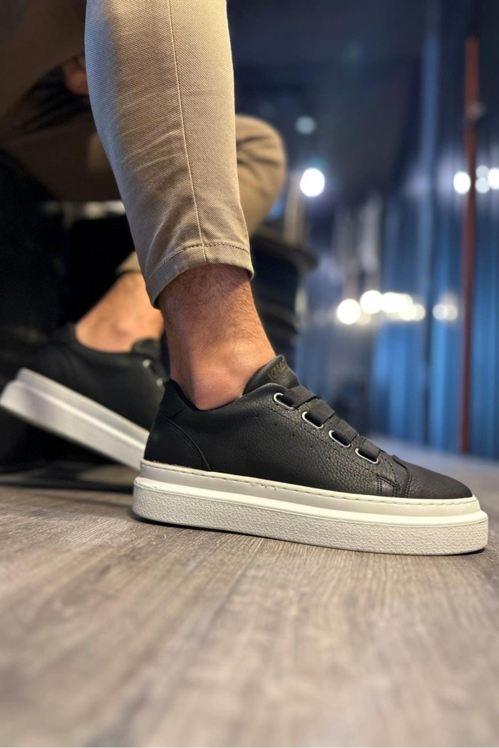 KN521 Erkek Günlük Lastikli Cilt Spor Sneaker Ayakkabı CBT Siyah