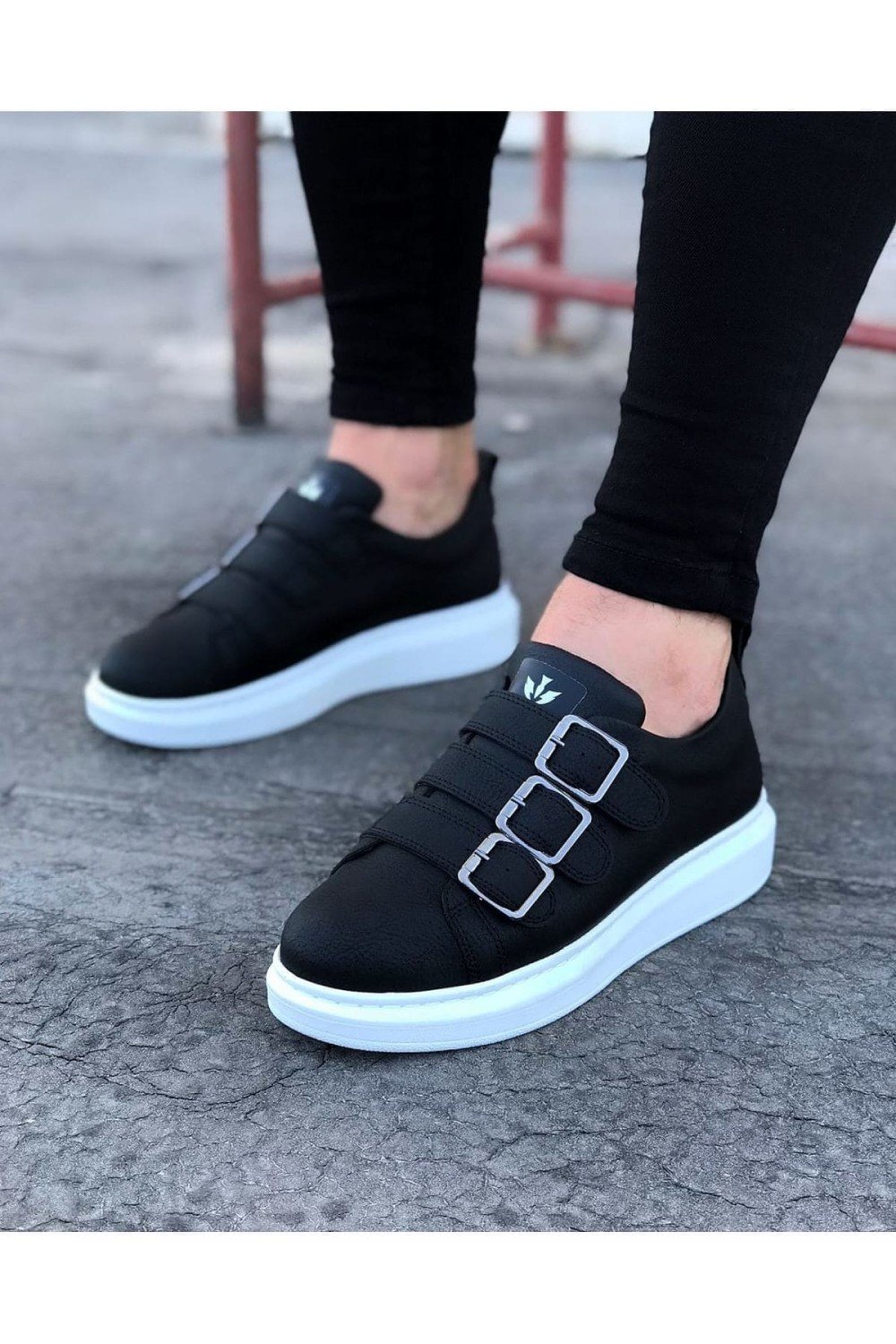 WG050 Erkek Günlük Tokalı Cilt Spor Sneaker Ayakkabı CBT Siyah