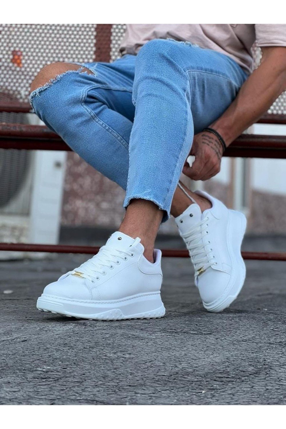 WG501 Erkek Günlük Bağcıklı Cilt Spor Sneaker Ayakkabı CBT Beyaz